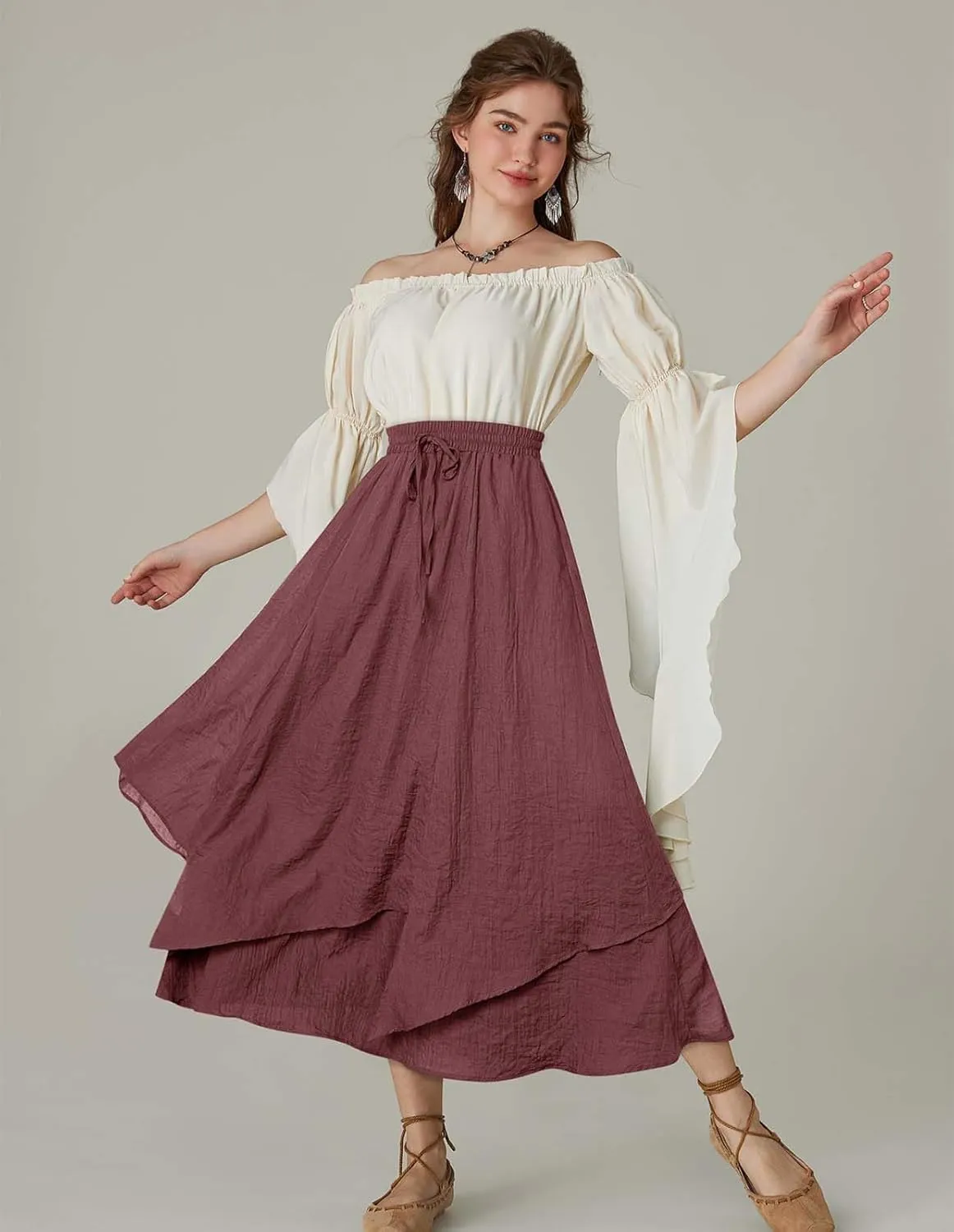Scarlet Darkness Women Renaissance High Waist Skirt Double Layered Flowy Long Skirts