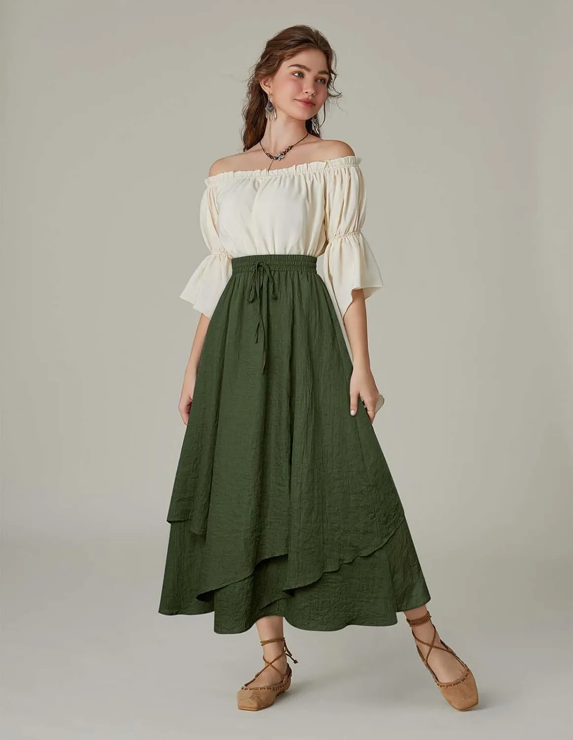 Scarlet Darkness Women Renaissance High Waist Skirt Double Layered Flowy Long Skirts