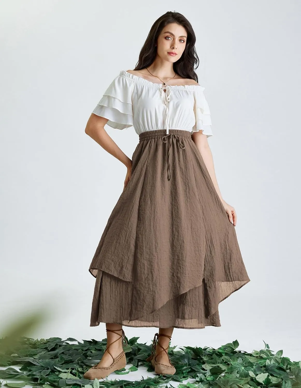 Scarlet Darkness Women Renaissance High Waist Skirt Double Layered Flowy Long Skirts