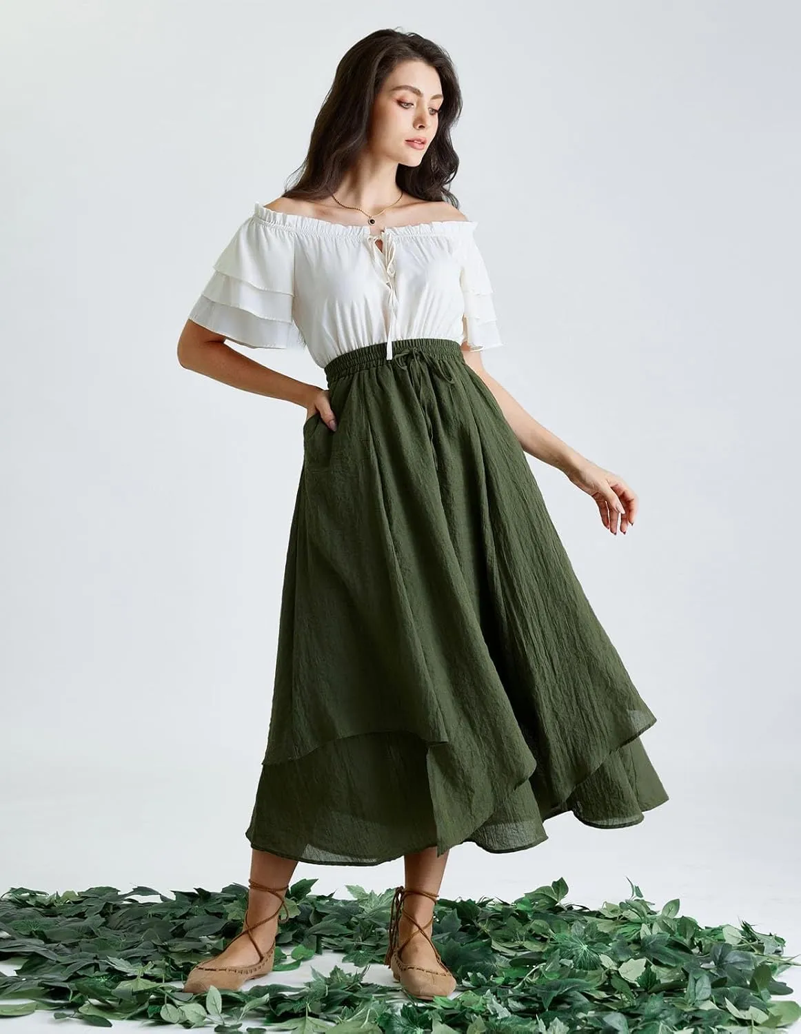 Scarlet Darkness Women Renaissance High Waist Skirt Double Layered Flowy Long Skirts