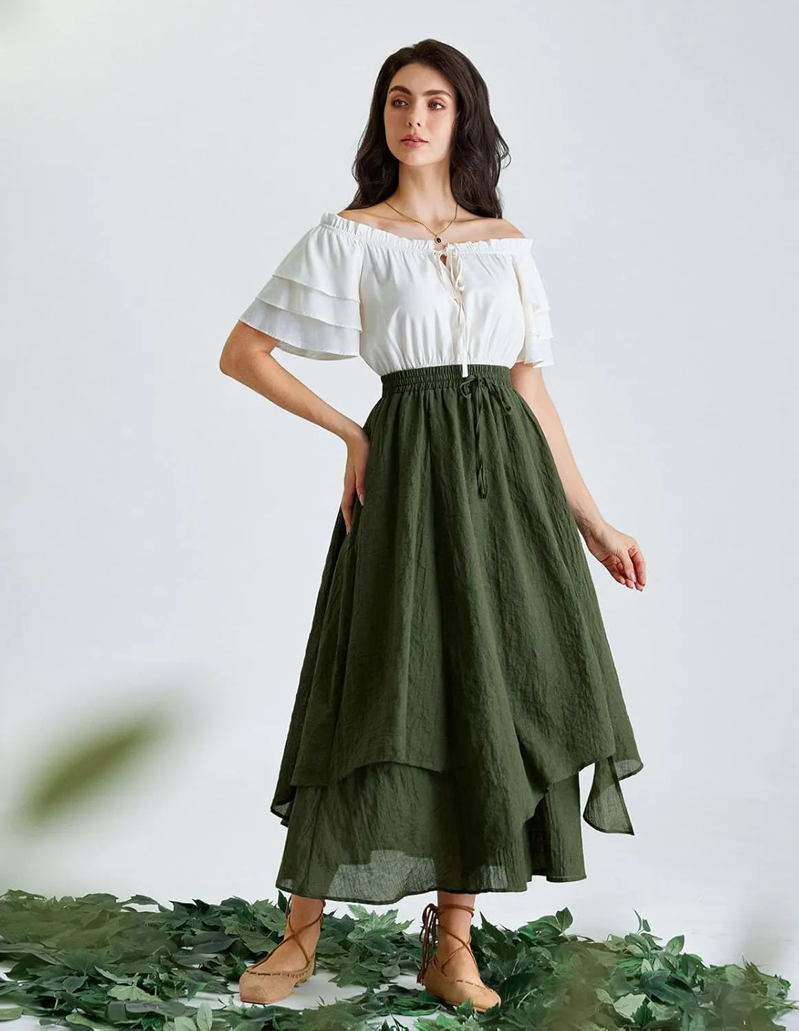 Scarlet Darkness Women Renaissance High Waist Skirt Double Layered Flowy Long Skirts