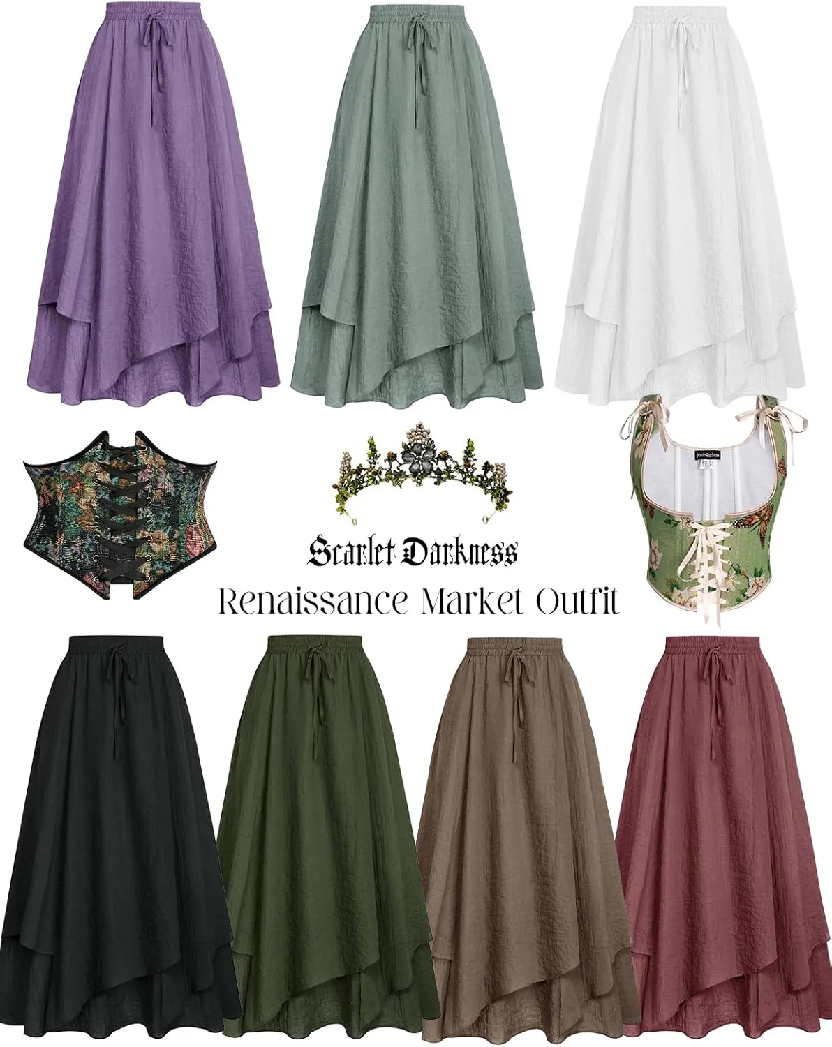 Scarlet Darkness Women Renaissance High Waist Skirt Double Layered Flowy Long Skirts