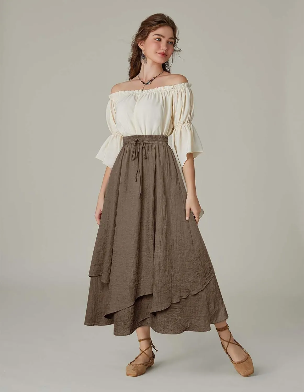 Scarlet Darkness Women Renaissance High Waist Skirt Double Layered Flowy Long Skirts