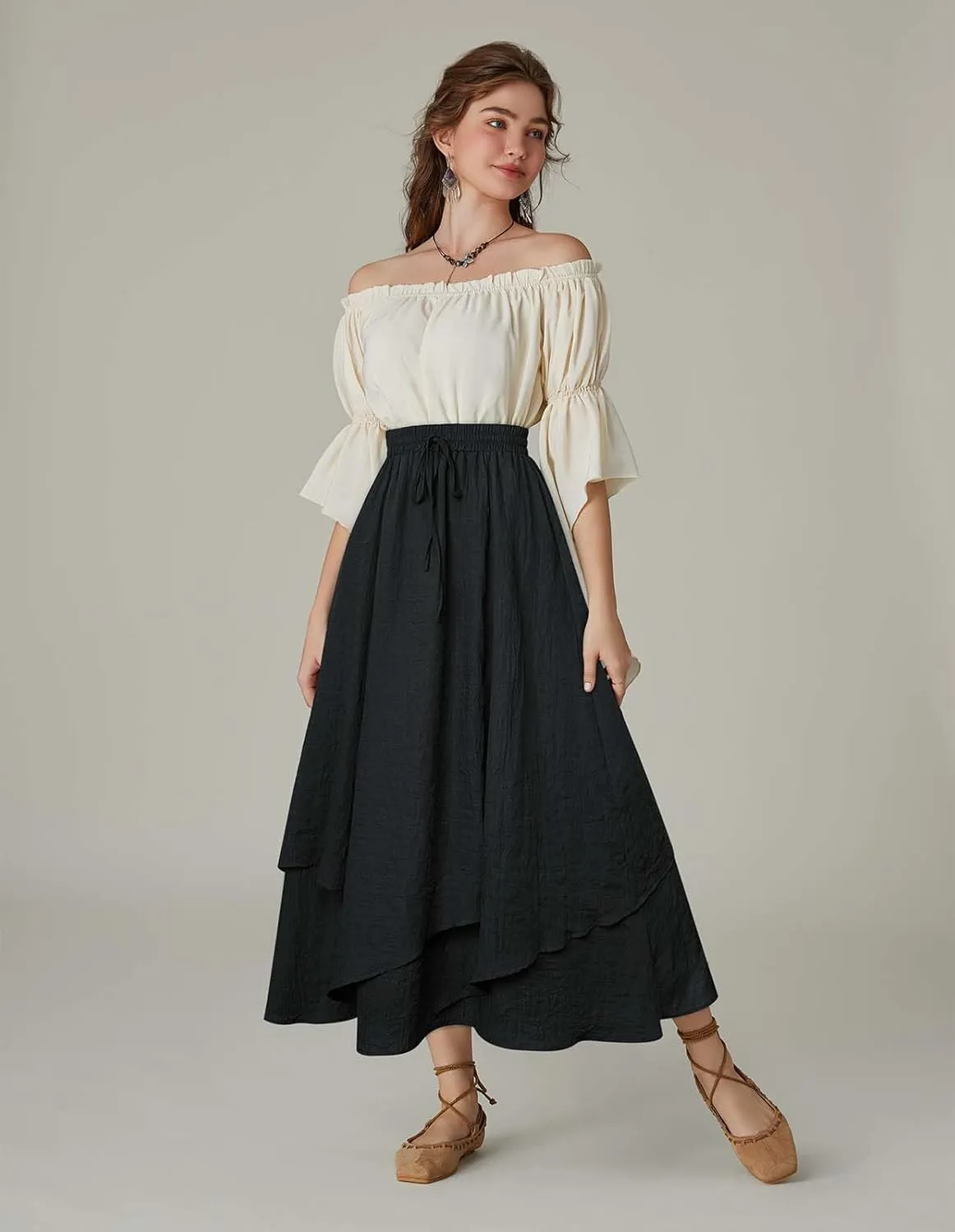 Scarlet Darkness Women Renaissance High Waist Skirt Double Layered Flowy Long Skirts