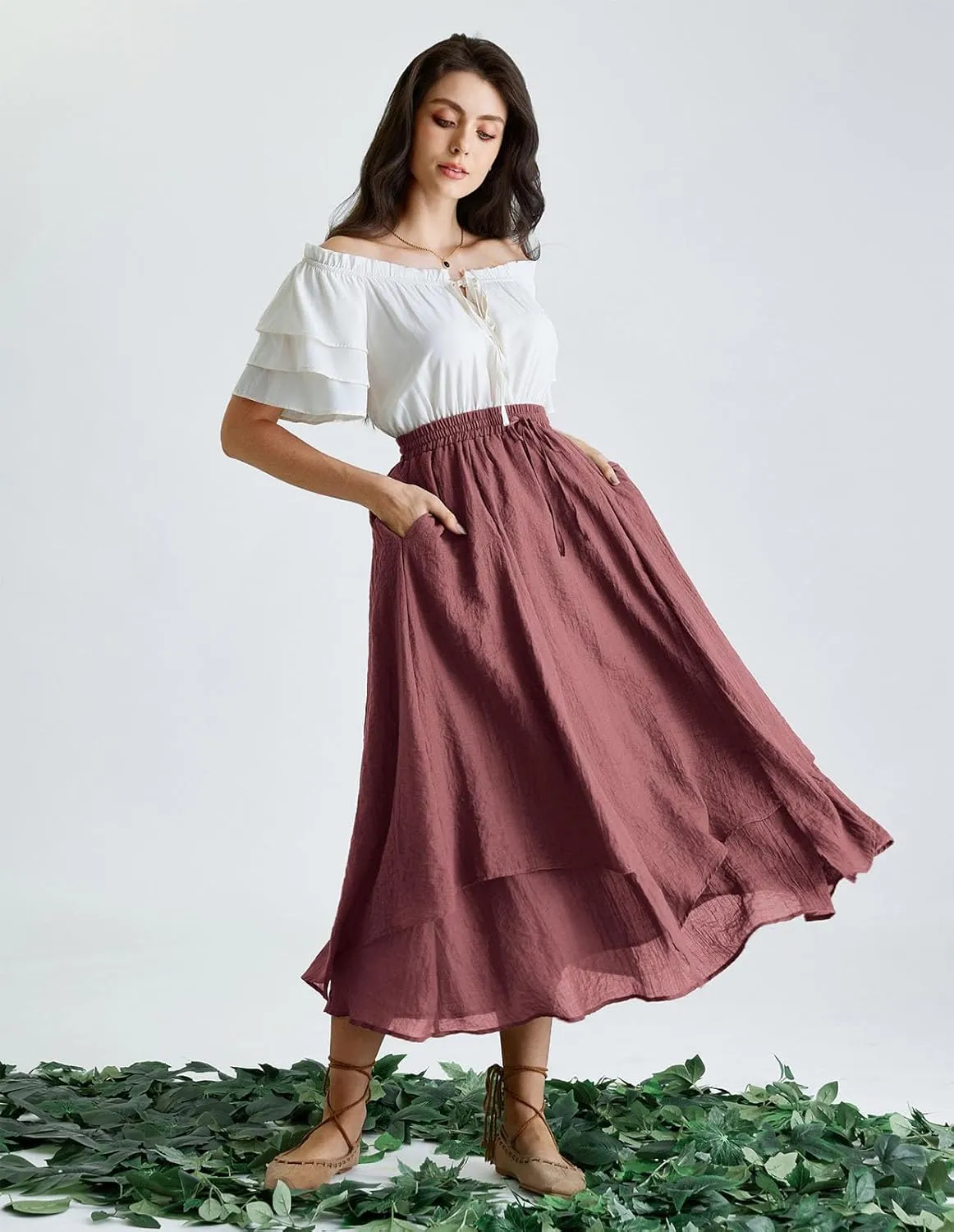 Scarlet Darkness Women Renaissance High Waist Skirt Double Layered Flowy Long Skirts