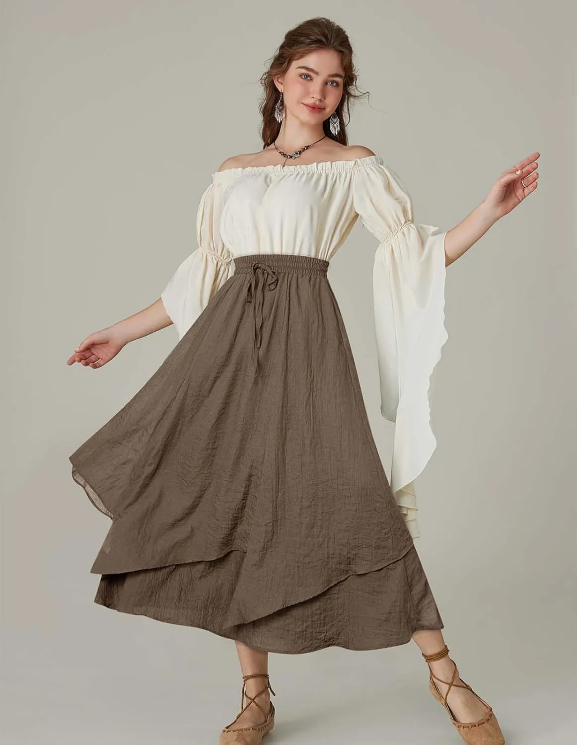Scarlet Darkness Women Renaissance High Waist Skirt Double Layered Flowy Long Skirts