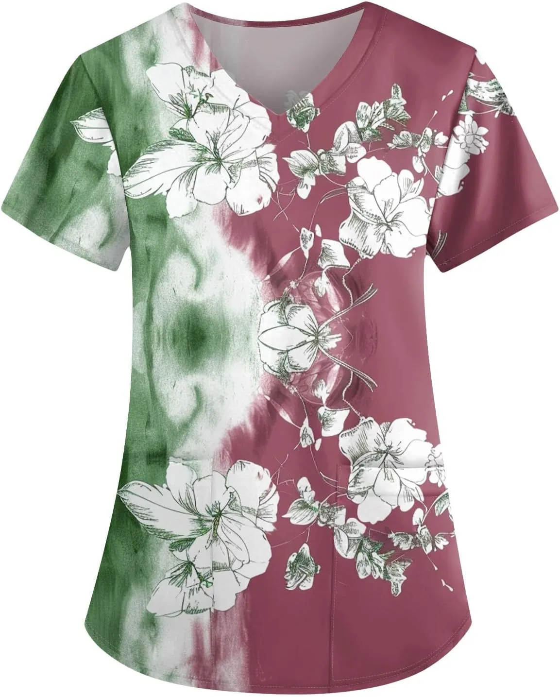 Scrubs for Women Short Sleeve V Neck Print Tops Nursing Working Uniform T-Shirts Casual Caregiver Top