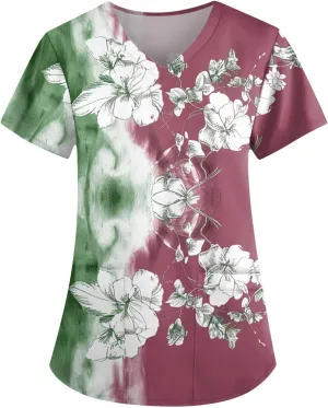 Scrubs for Women Short Sleeve V Neck Print Tops Nursing Working Uniform T-Shirts Casual Caregiver Top