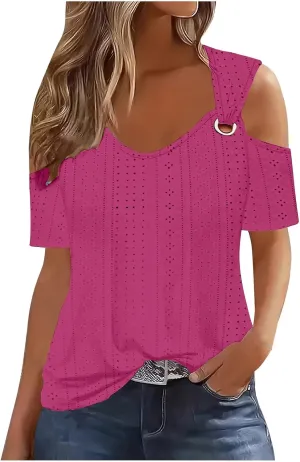 Sexy Clod Sholuder Tops for Women 2025 Summer Hollow Out Eyelet Short Sleeve T Shirts Going Out Blouses Ladies Tunic