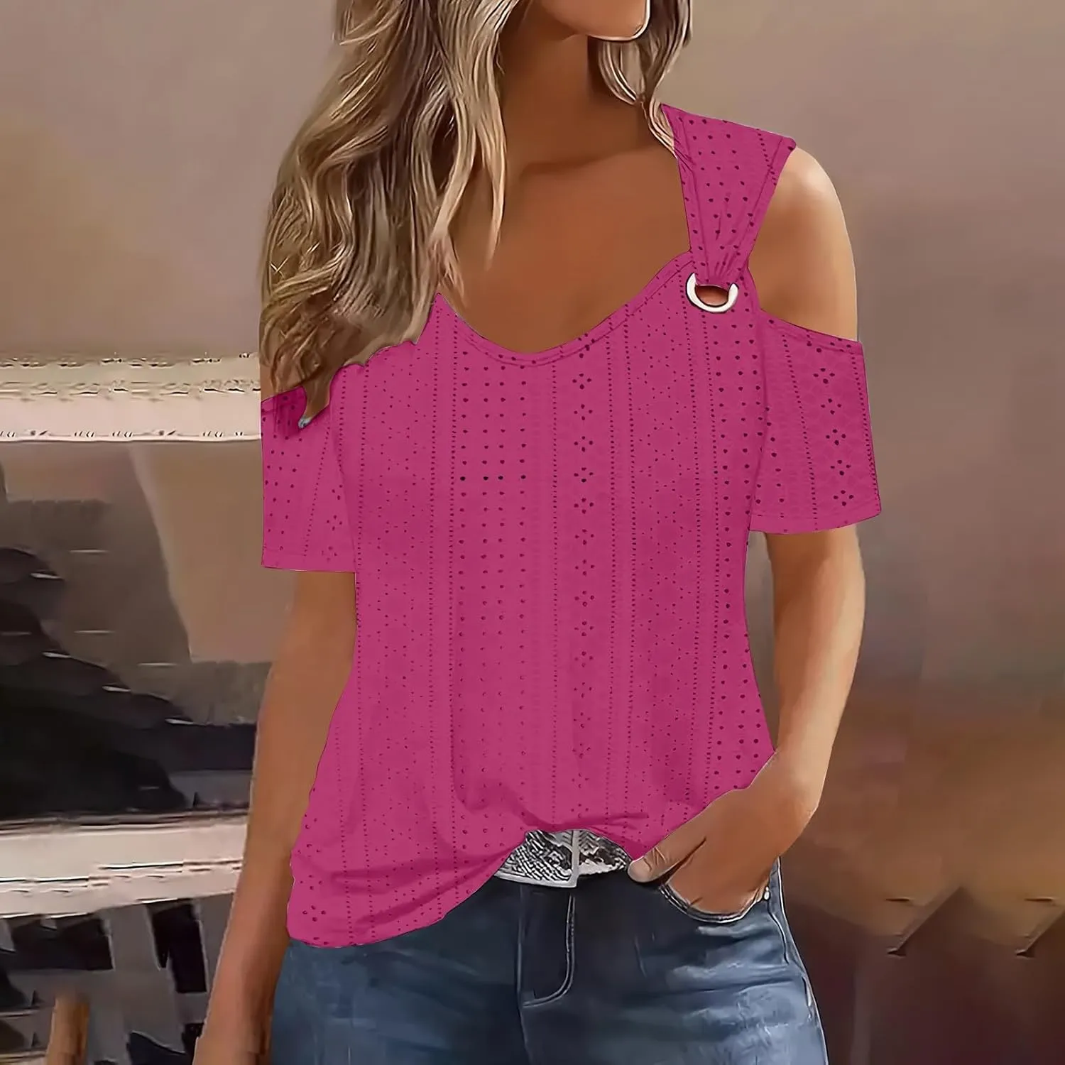 Sexy Clod Sholuder Tops for Women 2025 Summer Hollow Out Eyelet Short Sleeve T Shirts Going Out Blouses Ladies Tunic