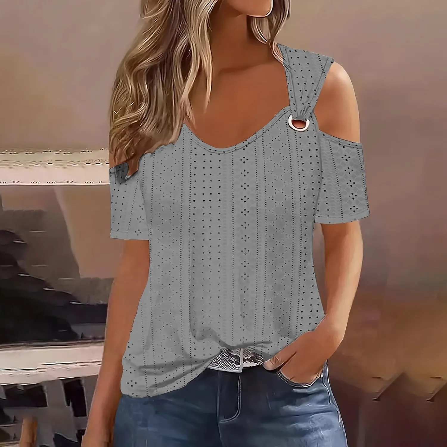 Sexy Clod Sholuder Tops for Women 2025 Summer Hollow Out Eyelet Short Sleeve T Shirts Going Out Blouses Ladies Tunic