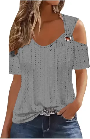 Sexy Clod Sholuder Tops for Women 2025 Summer Hollow Out Eyelet Short Sleeve T Shirts Going Out Blouses Ladies Tunic