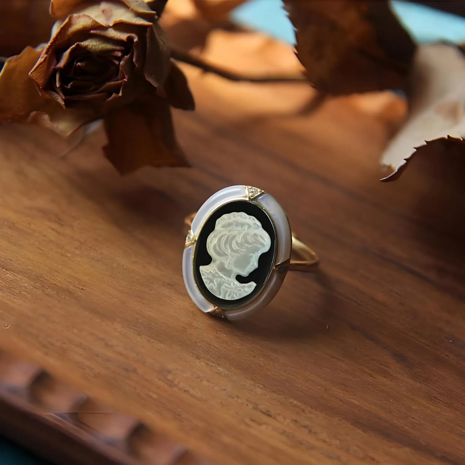 Shell Cameo Ring Adjustable, Victorian Art Deco White Mother of Pearl Carved Rose Maiden Cameo Silhouette Rings for Women in 14kt Gold Over Sterling Silver