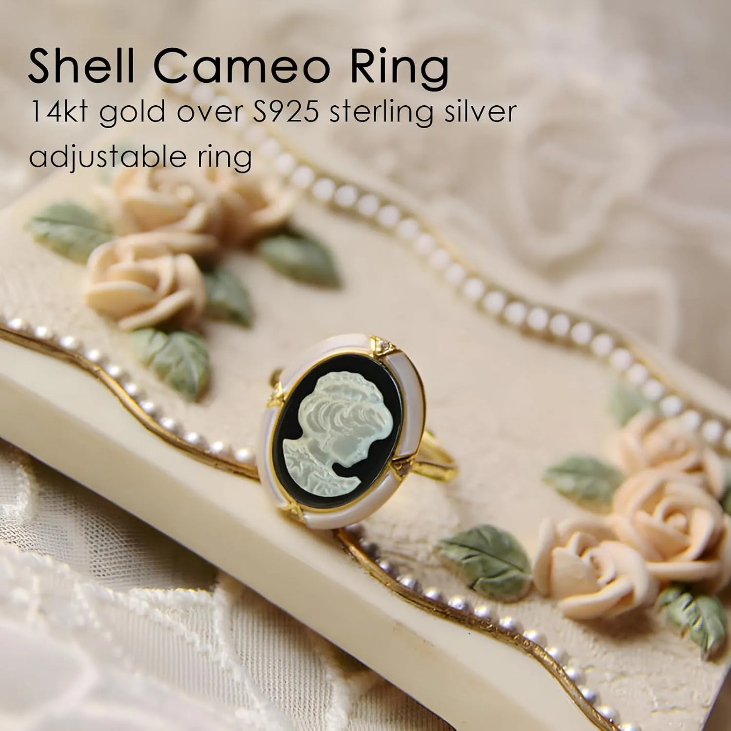 Shell Cameo Ring Adjustable, Victorian Art Deco White Mother of Pearl Carved Rose Maiden Cameo Silhouette Rings for Women in 14kt Gold Over Sterling Silver