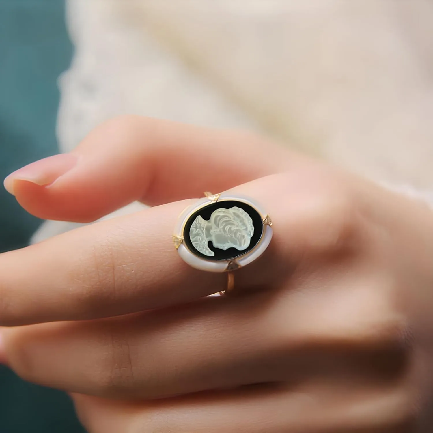 Shell Cameo Ring Adjustable, Victorian Art Deco White Mother of Pearl Carved Rose Maiden Cameo Silhouette Rings for Women in 14kt Gold Over Sterling Silver