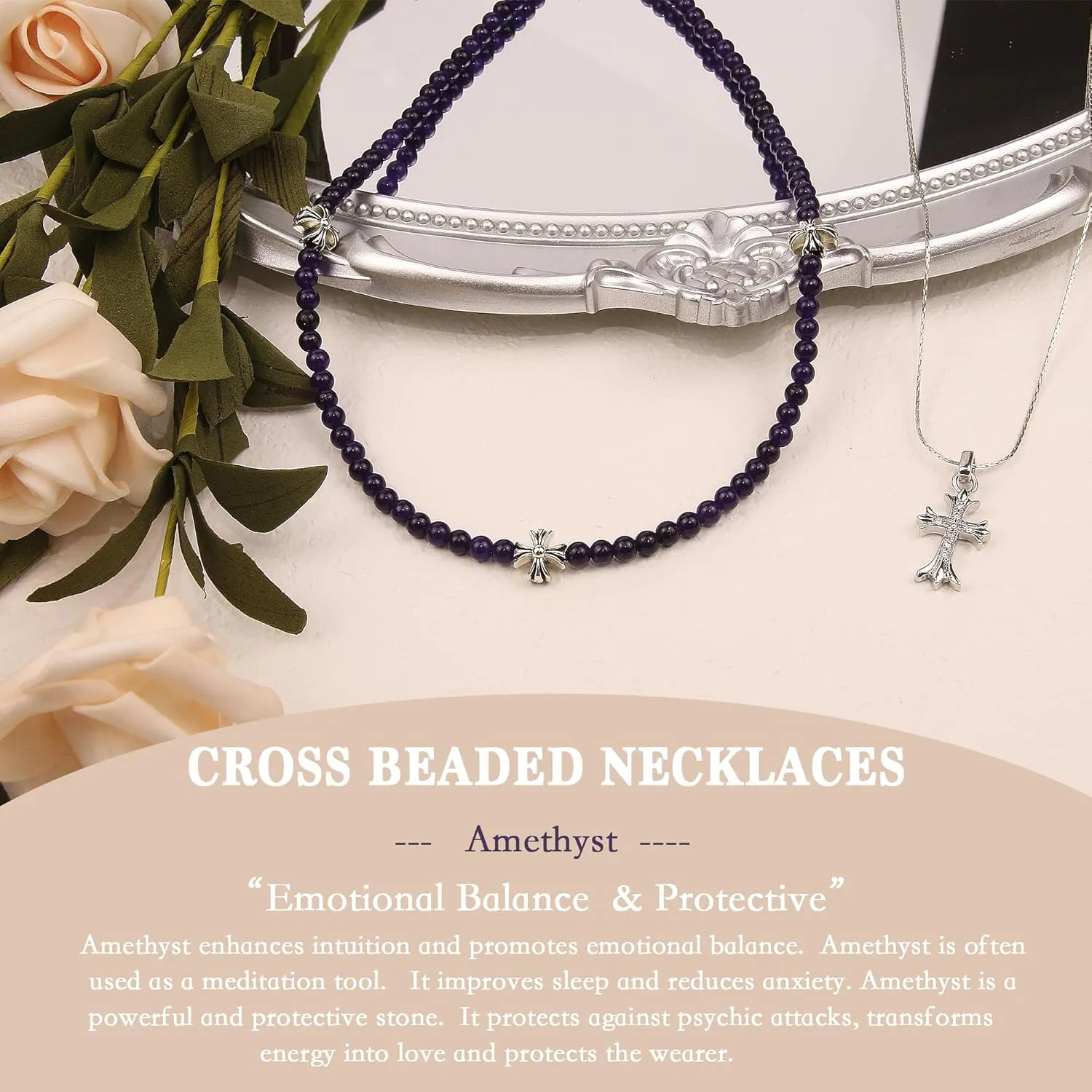 Silver Cross Necklaces for Women, Handmade 4mm Gemstone Beaded Necklaces Healing Crystal Choker Necklace Layered Necklace Spiritual Jewelry for Women Gifts