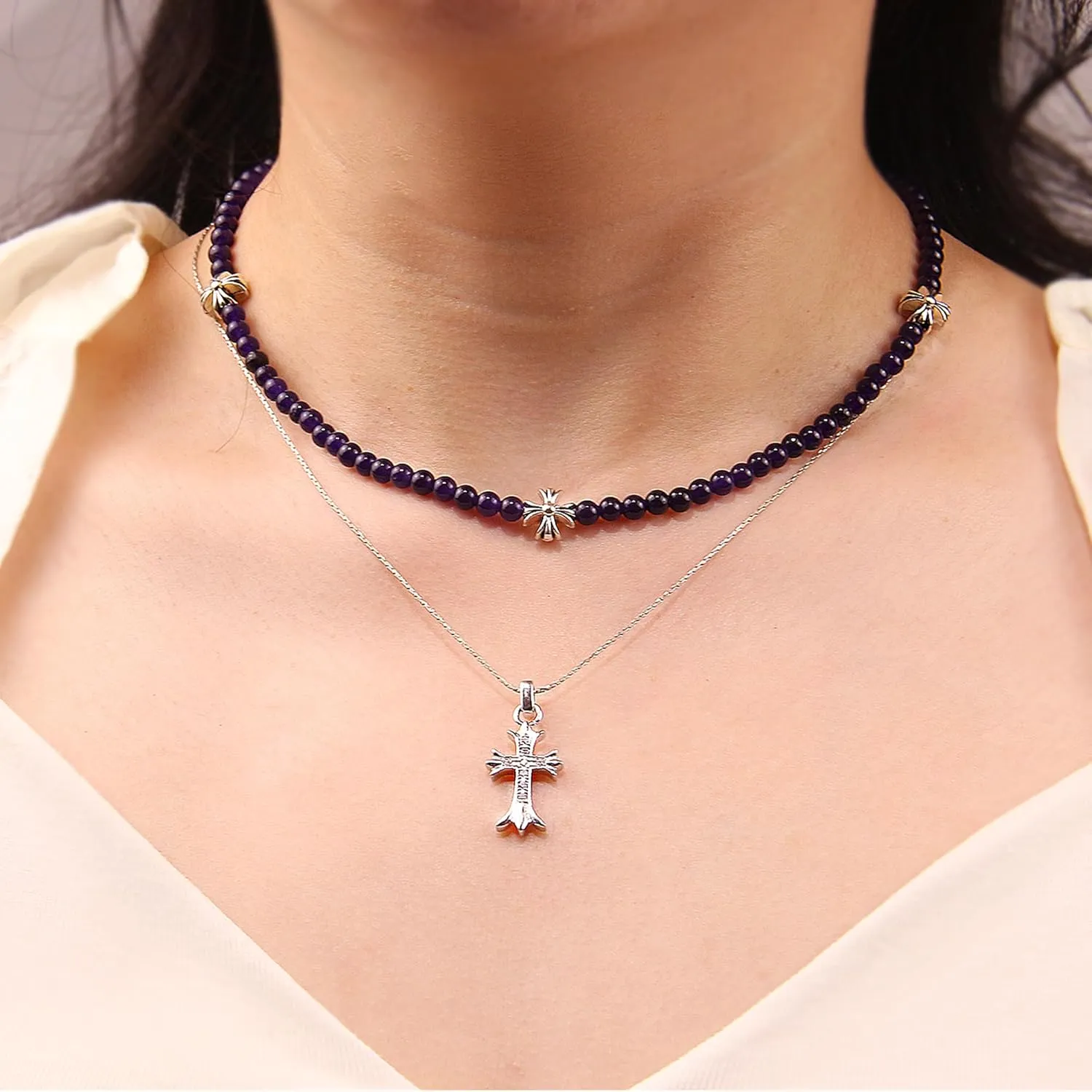 Silver Cross Necklaces for Women, Handmade 4mm Gemstone Beaded Necklaces Healing Crystal Choker Necklace Layered Necklace Spiritual Jewelry for Women Gifts
