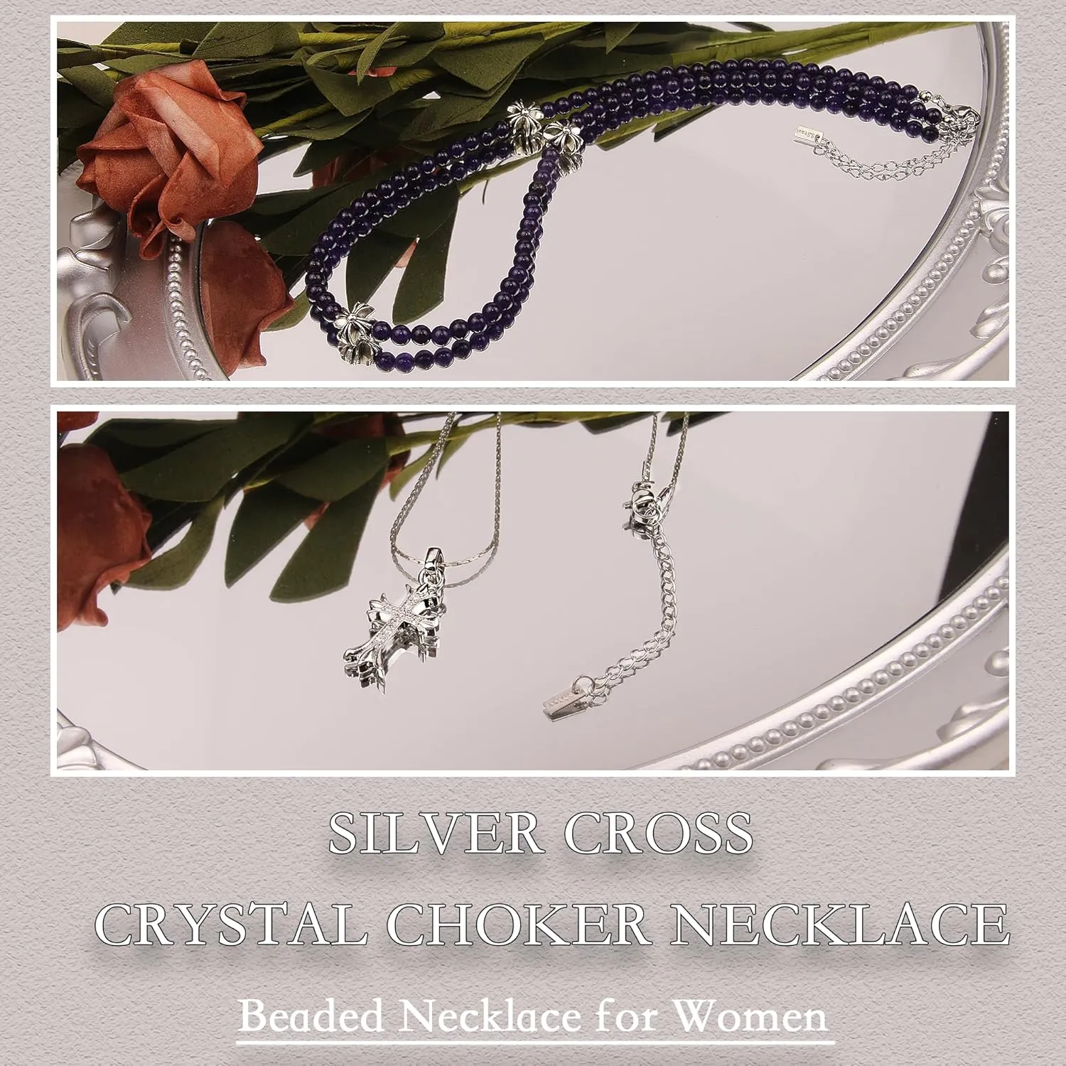 Silver Cross Necklaces for Women, Handmade 4mm Gemstone Beaded Necklaces Healing Crystal Choker Necklace Layered Necklace Spiritual Jewelry for Women Gifts