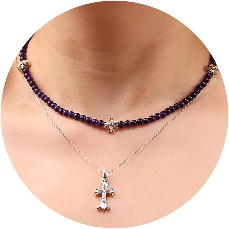 Silver Cross Necklaces for Women, Handmade 4mm Gemstone Beaded Necklaces Healing Crystal Choker Necklace Layered Necklace Spiritual Jewelry for Women Gifts