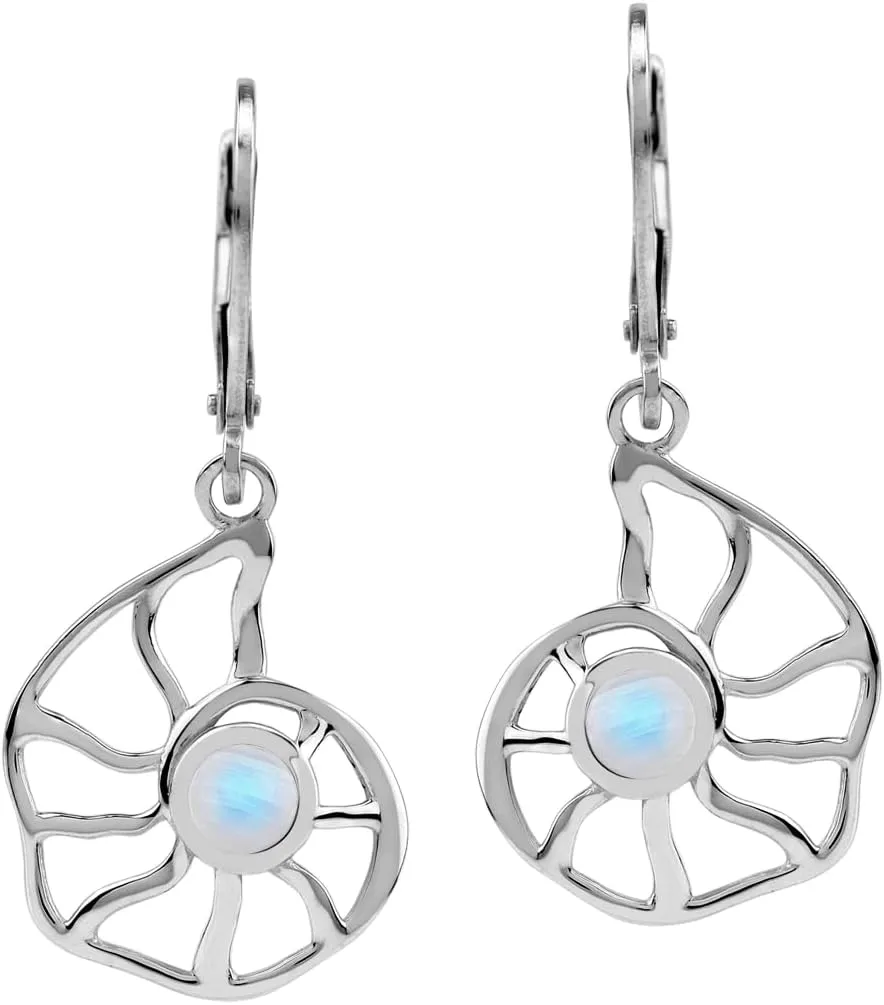 Silvershake 4MM Gemstone White Gold Plated or Yellow Gold Plated 925 Sterling Silver Filigree Nautilus Spiral Shell Sealife Leverback Dangle Earrings Jewelry for Women