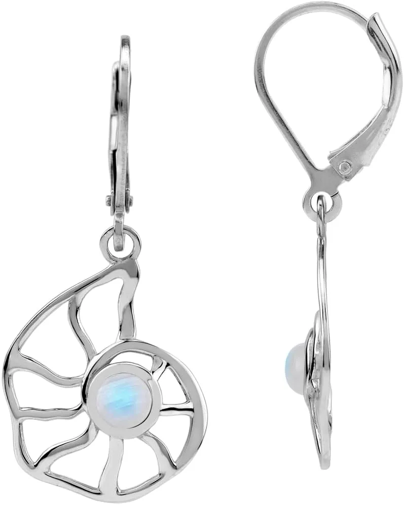 Silvershake 4MM Gemstone White Gold Plated or Yellow Gold Plated 925 Sterling Silver Filigree Nautilus Spiral Shell Sealife Leverback Dangle Earrings Jewelry for Women