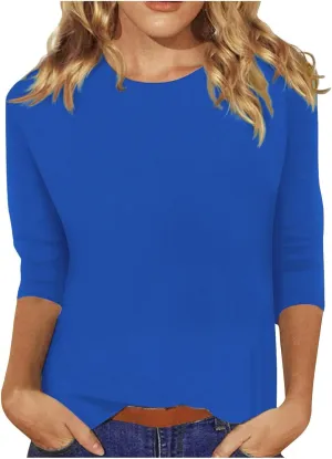 slqdgmryz 3/4 Sleeve Shirts for Women Loose Fit Crewneck Dressy Casual Tops Lightweight Solid Color Comfy Cute T Shirts