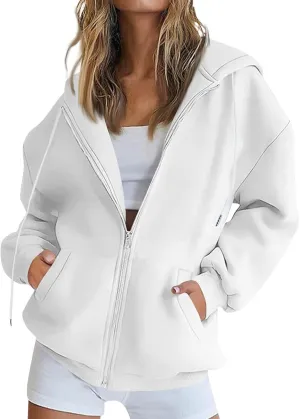 slqdgmryz Zip Up Hoodie Women Drawstring Oversized Sweatshirt Zipped Cute Hoodies Y2k Workout Fleece Jacket with Pockets