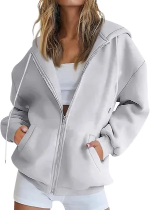 slqdgmryz Zip Up Hoodie Women Drawstring Oversized Sweatshirt Zipped Cute Hoodies Y2k Workout Fleece Jacket with Pockets