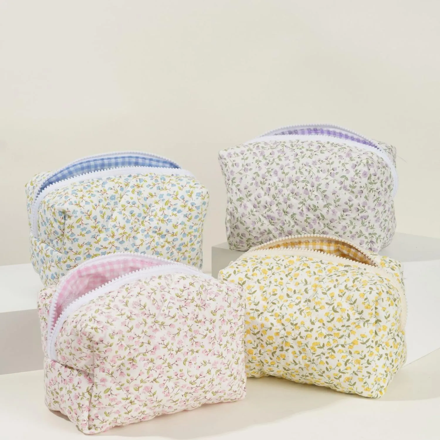 Small Quilted Cotton Makeup bag, Cute Floral Cosmetic bag, Cotton Aesthetic Makeup Pouch, Large Capacity Travel Toiletry Bag for Women and Girls (Blue)