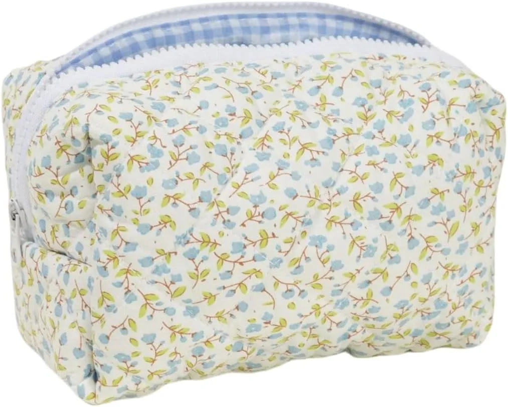 Small Quilted Cotton Makeup bag, Cute Floral Cosmetic bag, Cotton Aesthetic Makeup Pouch, Large Capacity Travel Toiletry Bag for Women and Girls (Blue)