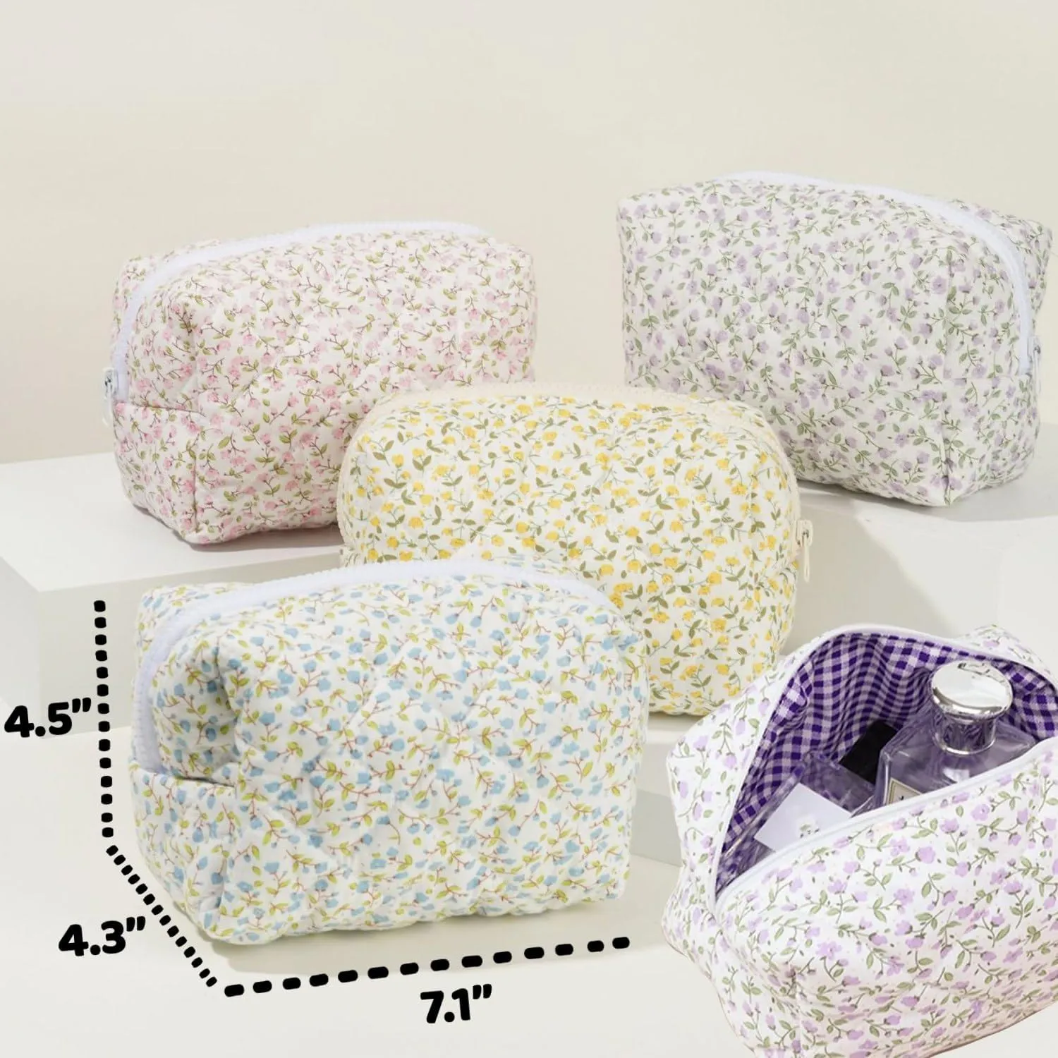 Small Quilted Cotton Makeup bag, Cute Floral Cosmetic bag, Cotton Aesthetic Makeup Pouch, Large Capacity Travel Toiletry Bag for Women and Girls (Blue)