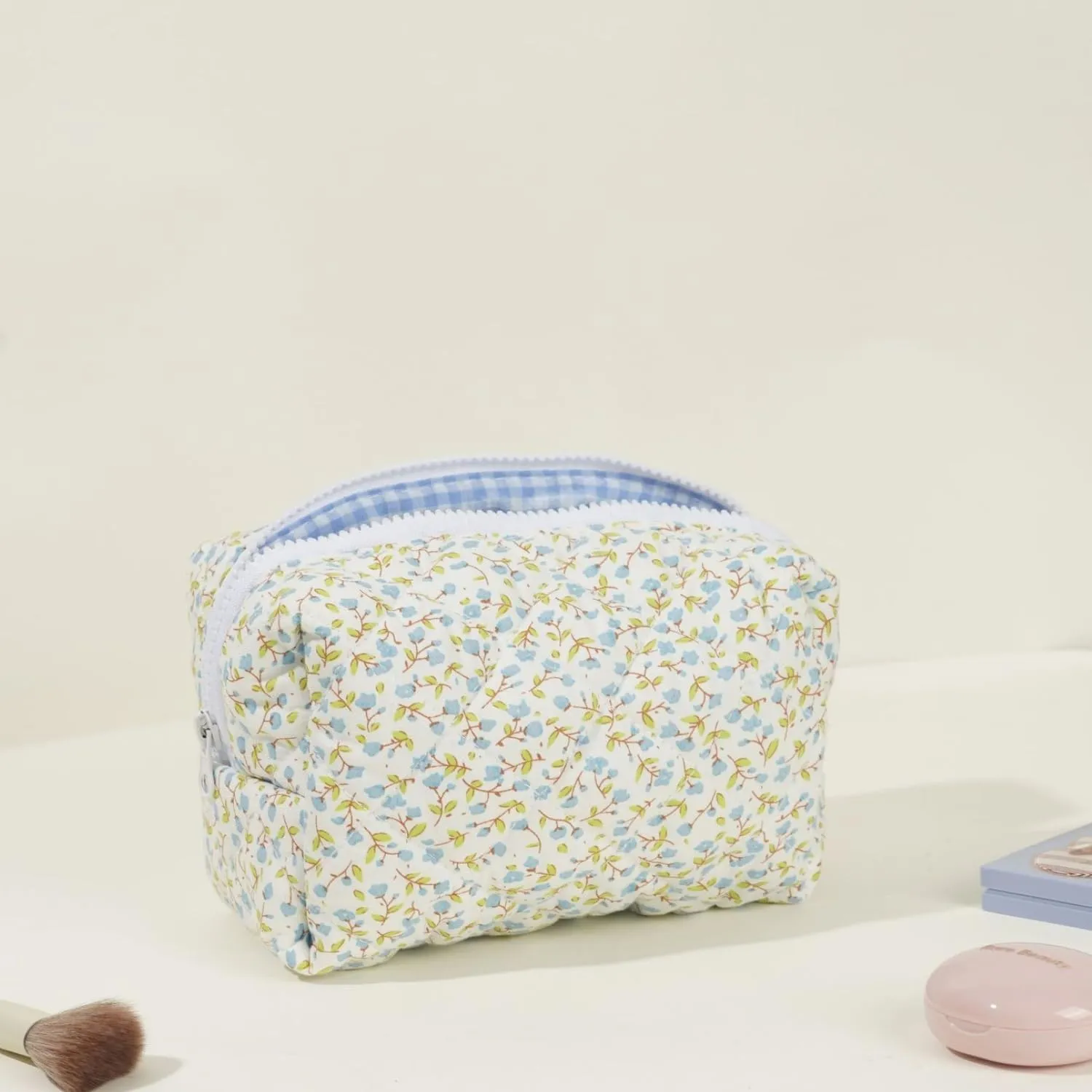 Small Quilted Cotton Makeup bag, Cute Floral Cosmetic bag, Cotton Aesthetic Makeup Pouch, Large Capacity Travel Toiletry Bag for Women and Girls (Blue)