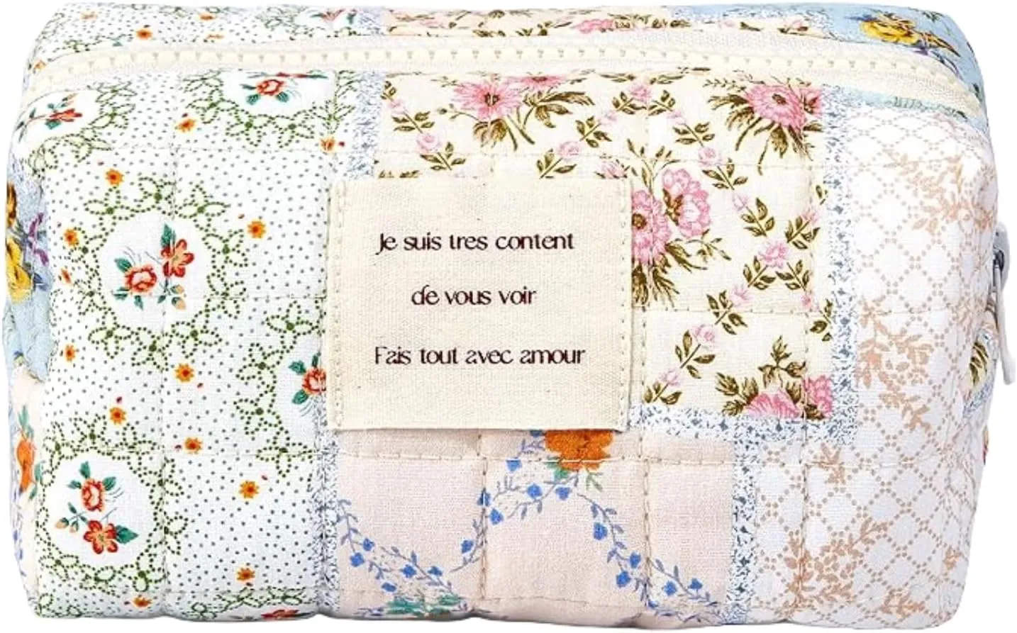 Small Quilted Cotton Makeup bag, Cute Floral Cosmetic bag, Cotton Aesthetic Makeup Pouch, Large Capacity Travel Toiletry Bag for Women and Girls (Z01#Blue Flower)