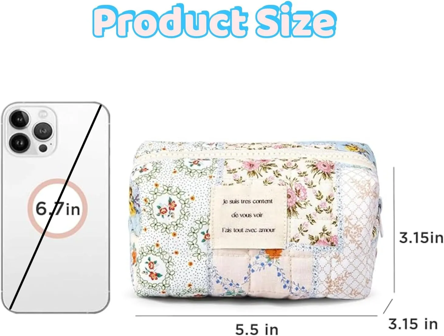 Small Quilted Cotton Makeup bag, Cute Floral Cosmetic bag, Cotton Aesthetic Makeup Pouch, Large Capacity Travel Toiletry Bag for Women and Girls (Z01#Blue Flower)