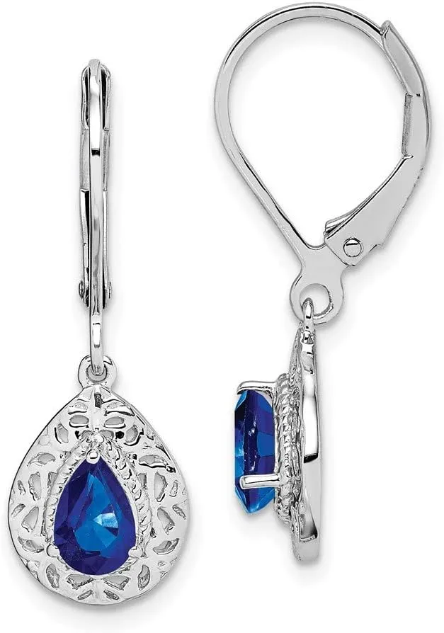 Solid Real 925 Sterling Silver Sapphire Blue September Gemstone Teardrop Lever Back Earrings - 28mm x 9mm