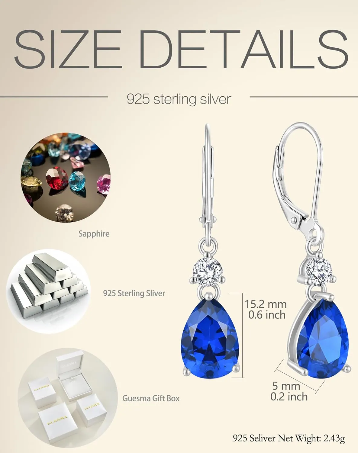Solid Sterling Silver Teardrop Pear Dangle Earrings - 10x7mm 18K White Gold Plated Birthstone Drop Leverback Earrings Jewelry for Women