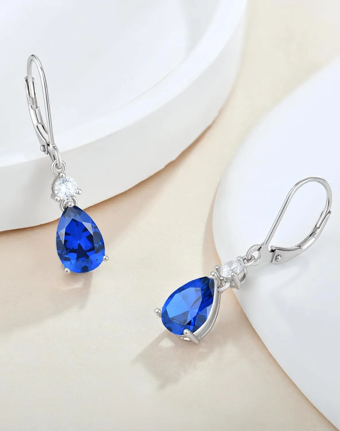 Solid Sterling Silver Teardrop Pear Dangle Earrings - 10x7mm 18K White Gold Plated Birthstone Drop Leverback Earrings Jewelry for Women