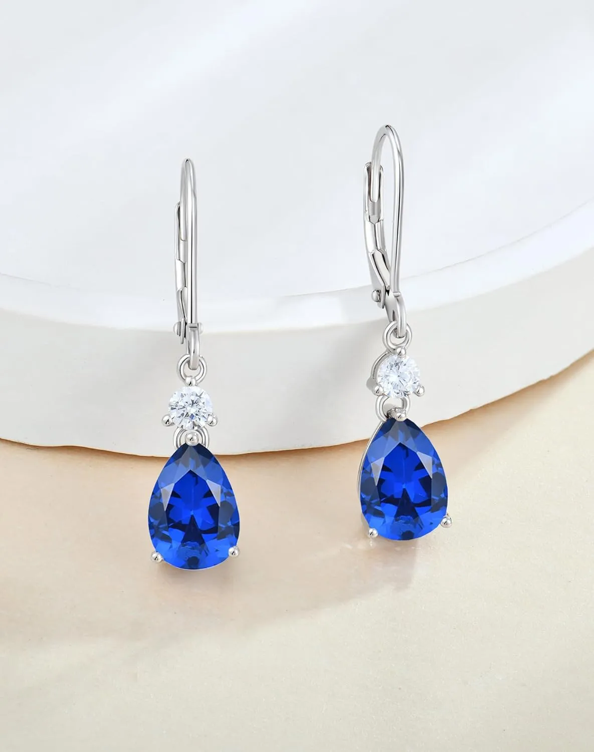 Solid Sterling Silver Teardrop Pear Dangle Earrings - 10x7mm 18K White Gold Plated Birthstone Drop Leverback Earrings Jewelry for Women