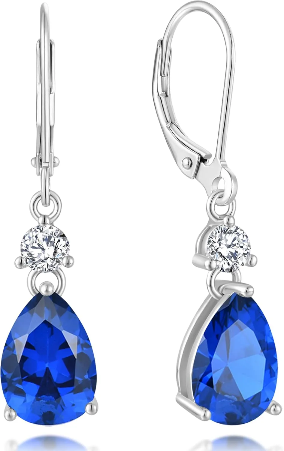 Solid Sterling Silver Teardrop Pear Dangle Earrings - 10x7mm 18K White Gold Plated Birthstone Drop Leverback Earrings Jewelry for Women