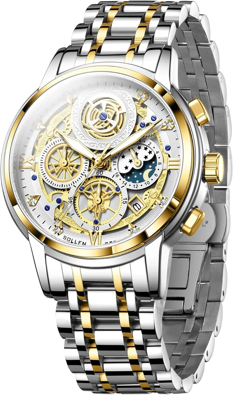 SOLLEN Men's Skeleton Watch - Original Quartz Movement, Mineral Glass, 3 ATM Water Resistant, Stainless Steel & Silver Band, 24-Hour & Calendar, Chronograph Watches for Casual/Formal - Gift for Him