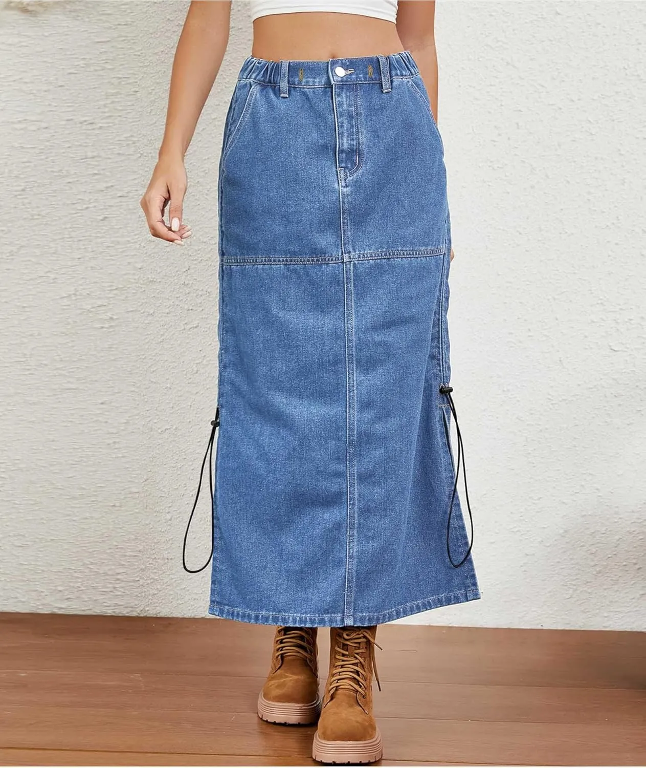 SOMTHRON Women's Casual Denim Midi Skirt Elastic Waist Washed Side Slit Drawstring Ruched Jean Long Skirt