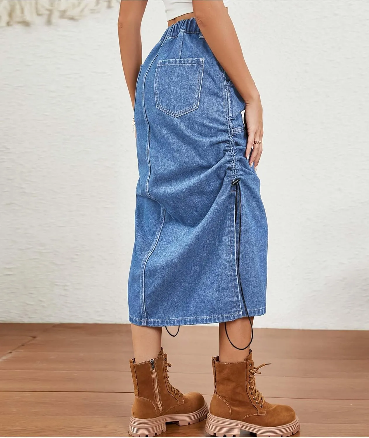 SOMTHRON Women's Casual Denim Midi Skirt Elastic Waist Washed Side Slit Drawstring Ruched Jean Long Skirt