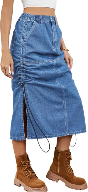 SOMTHRON Women's Casual Denim Midi Skirt Elastic Waist Washed Side Slit Drawstring Ruched Jean Long Skirt
