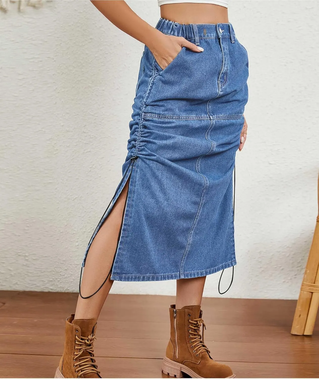 SOMTHRON Women's Casual Denim Midi Skirt Elastic Waist Washed Side Slit Drawstring Ruched Jean Long Skirt