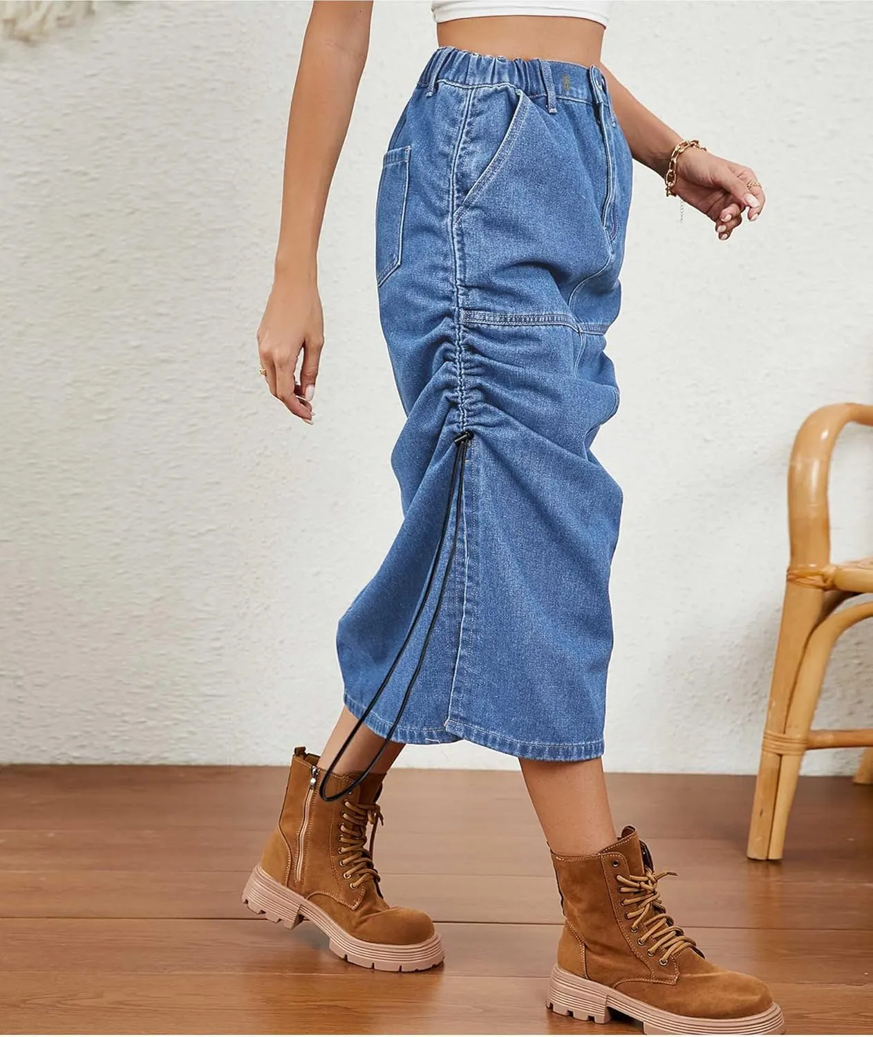 SOMTHRON Women's Casual Denim Midi Skirt Elastic Waist Washed Side Slit Drawstring Ruched Jean Long Skirt