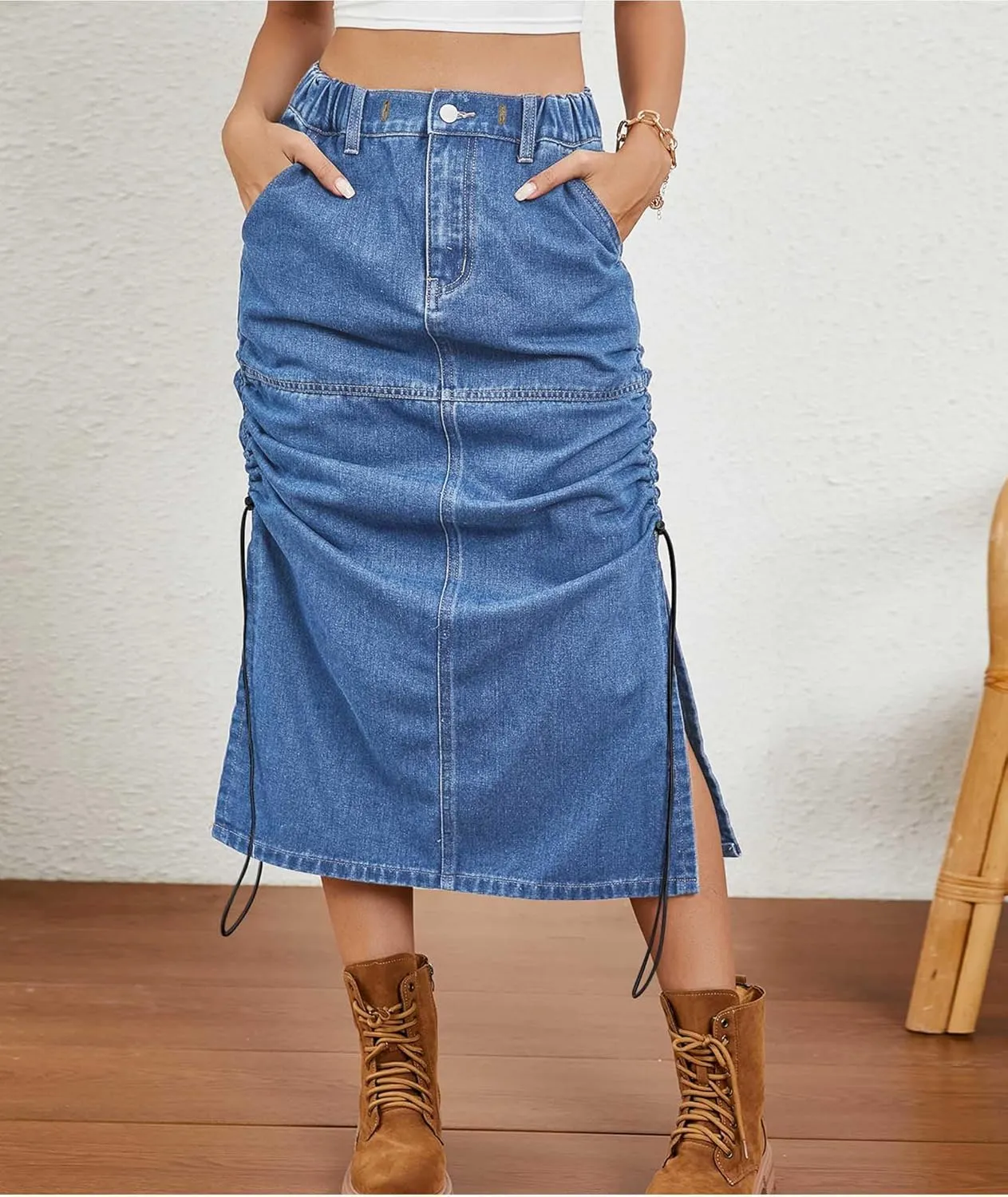 SOMTHRON Women's Casual Denim Midi Skirt Elastic Waist Washed Side Slit Drawstring Ruched Jean Long Skirt