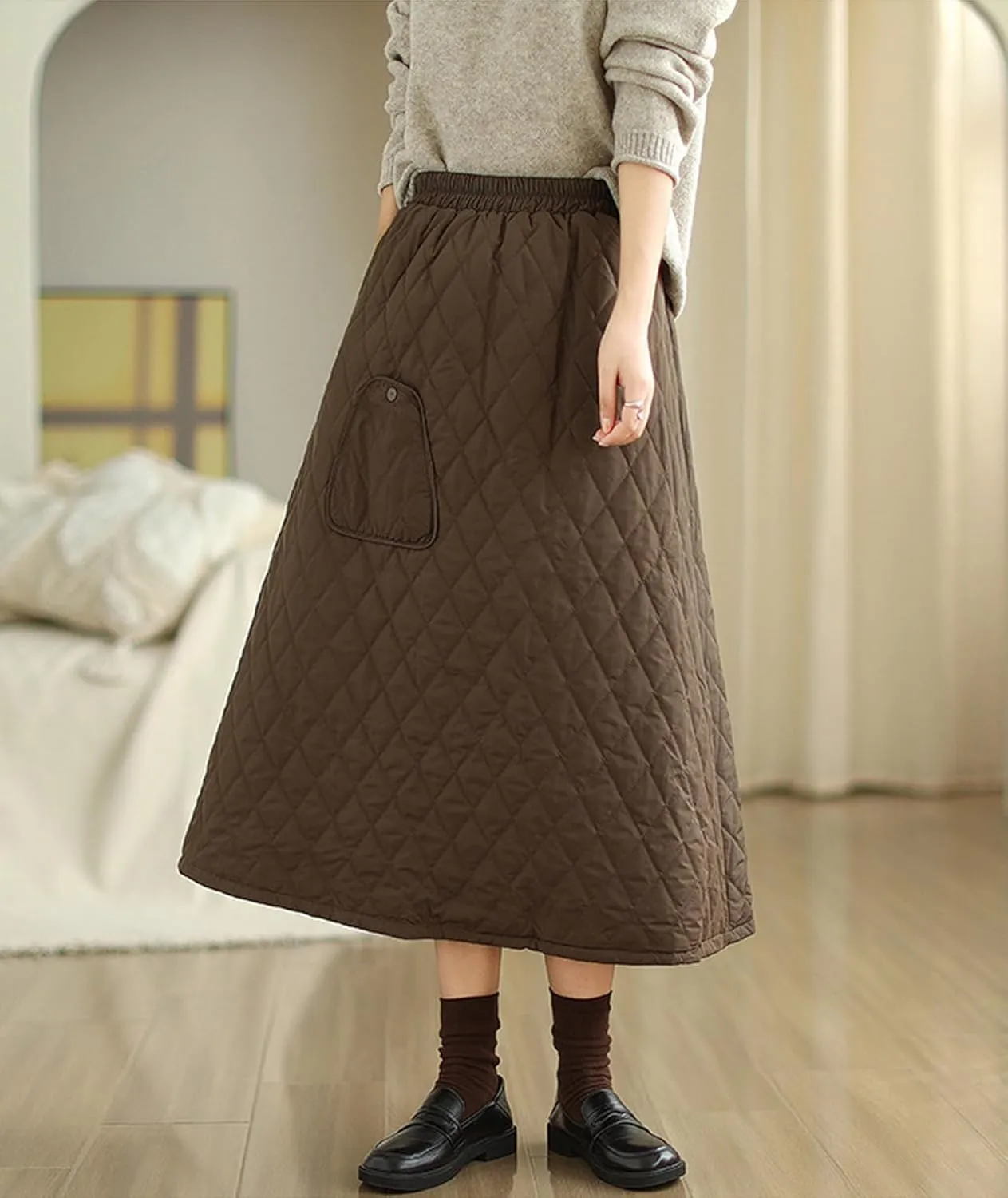 SOMTHRON Women's High Waist Quilted Skirt Padded A-Line Windproof Winter Warm Insulated Thicken Midi Long Skirt