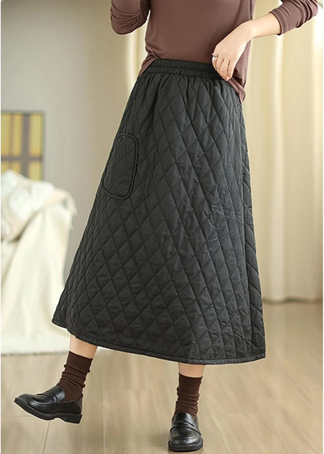 SOMTHRON Women's High Waist Quilted Skirt Padded A-Line Windproof Winter Warm Insulated Thicken Midi Long Skirt