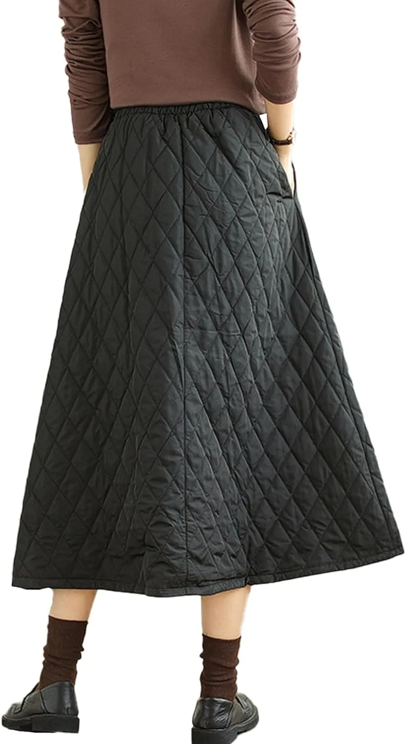 SOMTHRON Women's High Waist Quilted Skirt Padded A-Line Windproof Winter Warm Insulated Thicken Midi Long Skirt