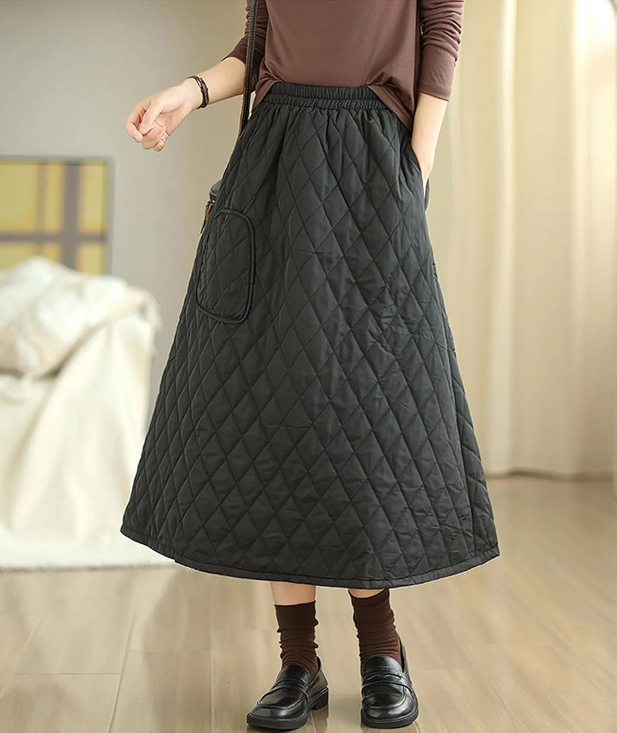 SOMTHRON Women's High Waist Quilted Skirt Padded A-Line Windproof Winter Warm Insulated Thicken Midi Long Skirt